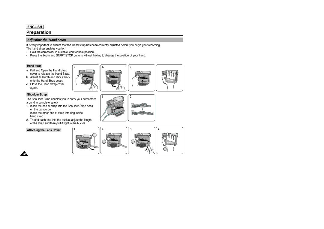 Samsung SCD903 manual Adjusting the Hand Strap, Hand strap, Shoulder Strap, Attaching the Lens Cover 