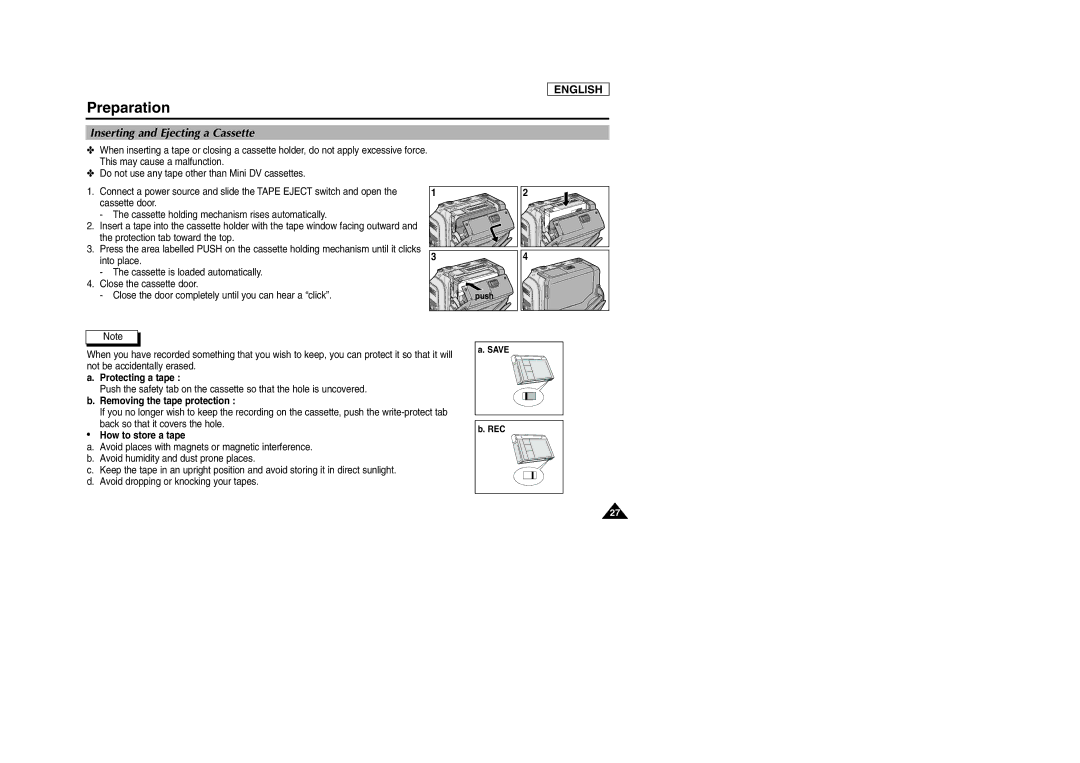 Samsung SCD903 Inserting and Ejecting a Cassette, Protecting a tape, Removing the tape protection, How to store a tape 