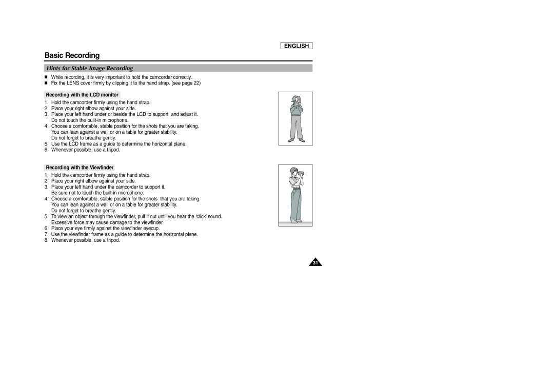 Samsung SCD903 manual Hints for Stable Image Recording, Recording with the LCD monitor, Recording with the Viewfinder 