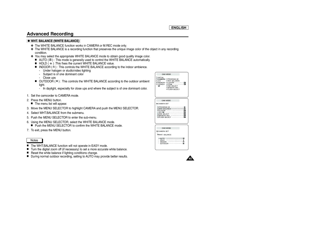 Samsung SCD903 manual WHT. Balance White Balance 