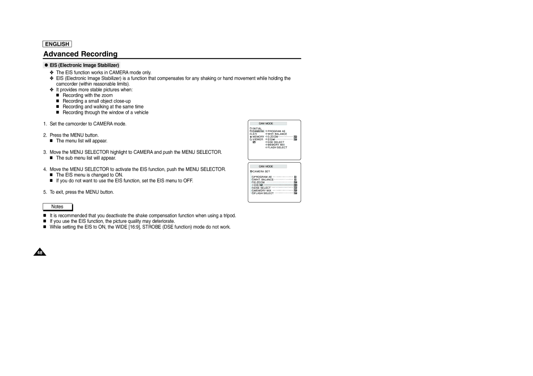 Samsung SCD903 manual EIS Electronic Image Stabilizer 