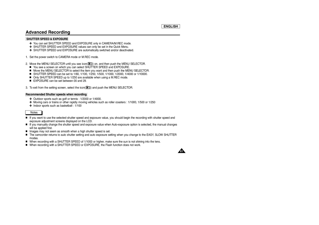 Samsung SCD903 manual Recommended Shutter speeds when recording 