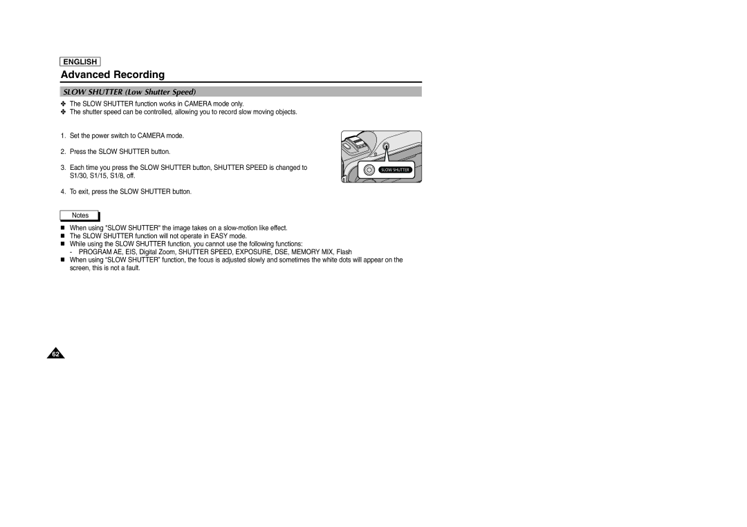 Samsung SCD903 manual Slow Shutter Low Shutter Speed 
