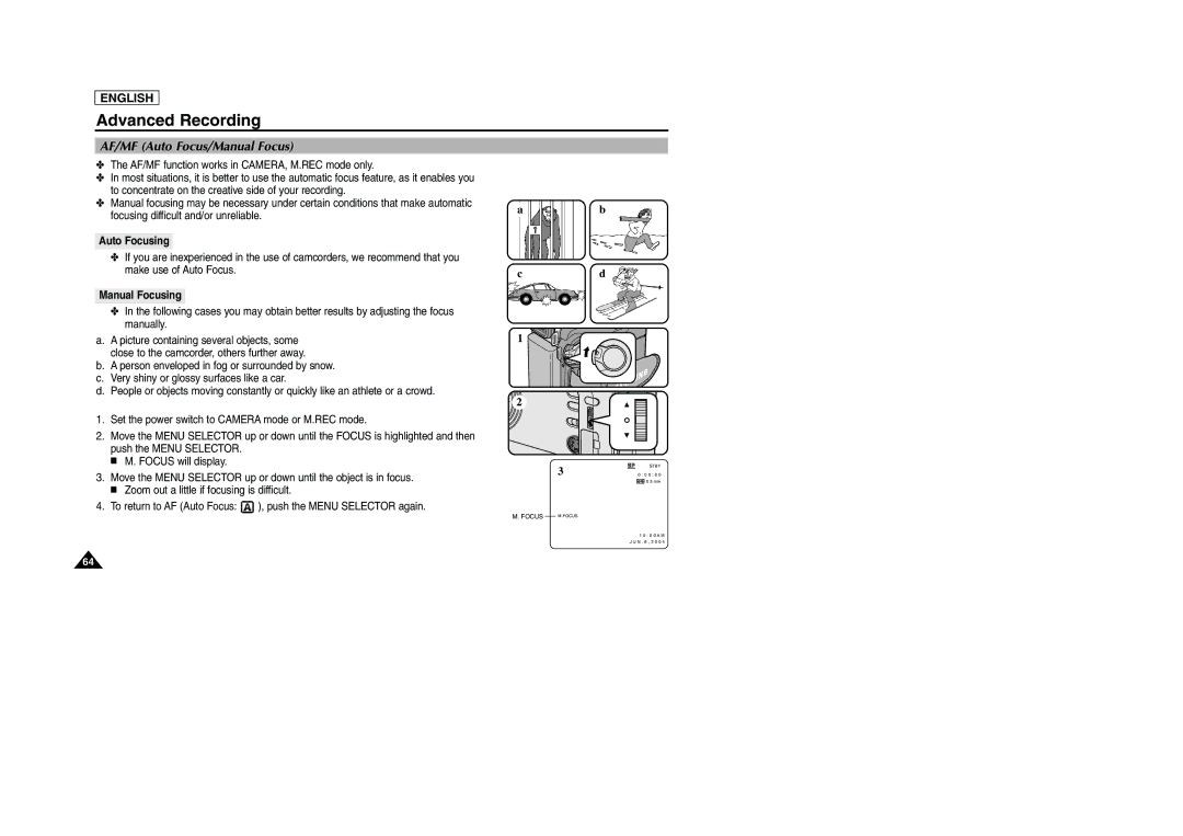 Samsung SCD903 manual AF/MF Auto Focus/Manual Focus, Auto Focusing, Manual Focusing 