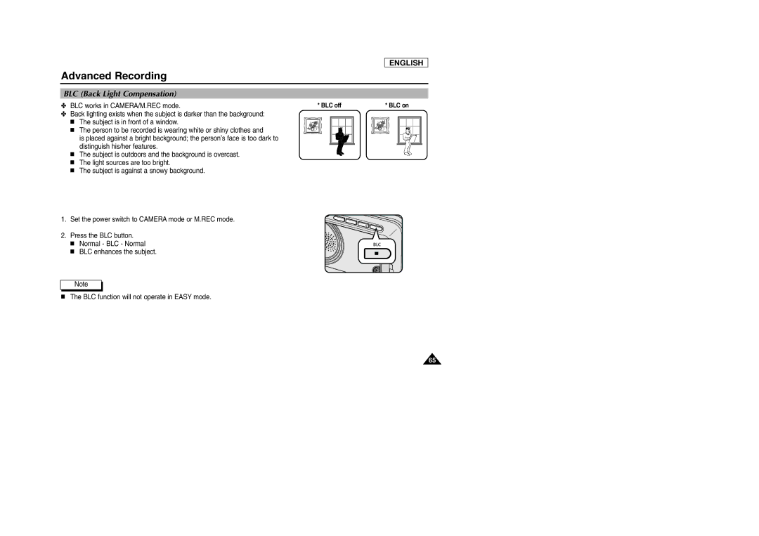 Samsung SCD903 manual BLC Back Light Compensation, BLC works in CAMERA/M.REC mode 