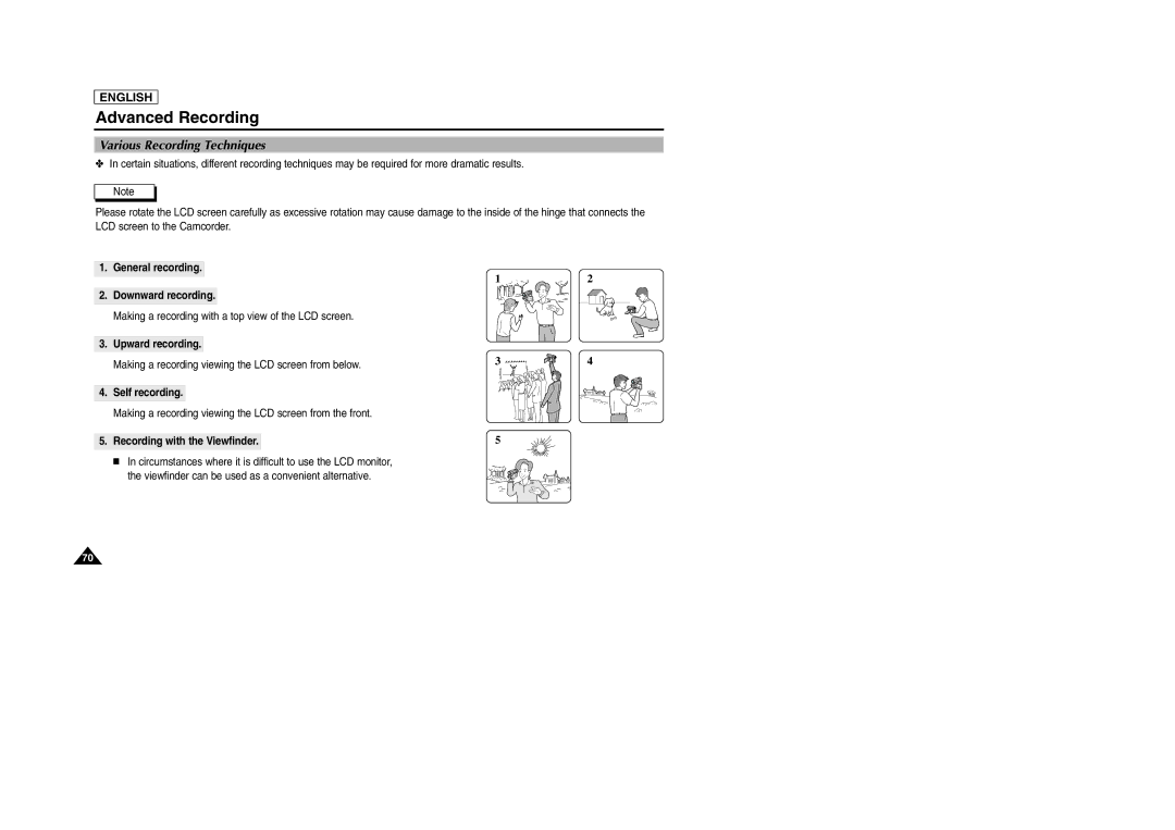 Samsung SCD903 manual Various Recording Techniques, General recording Downward recording, Upward recording, Self recording 