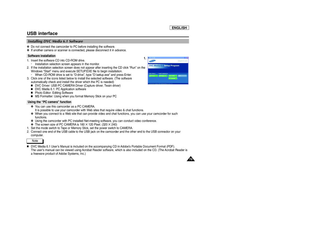 Samsung SCD903 manual Installing DVC Media 6.1 Software, Software installation, Using the PC camera function 