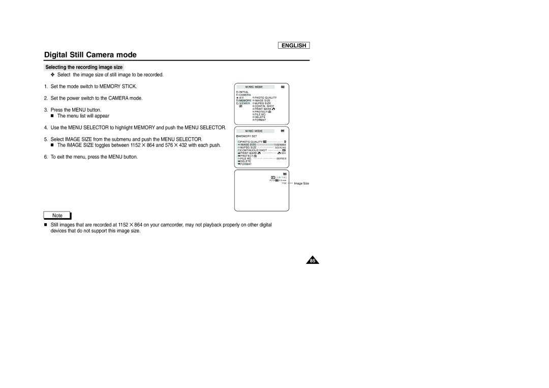 Samsung SCD903 manual Selecting the recording image size, To exit the menu, press the Menu button 