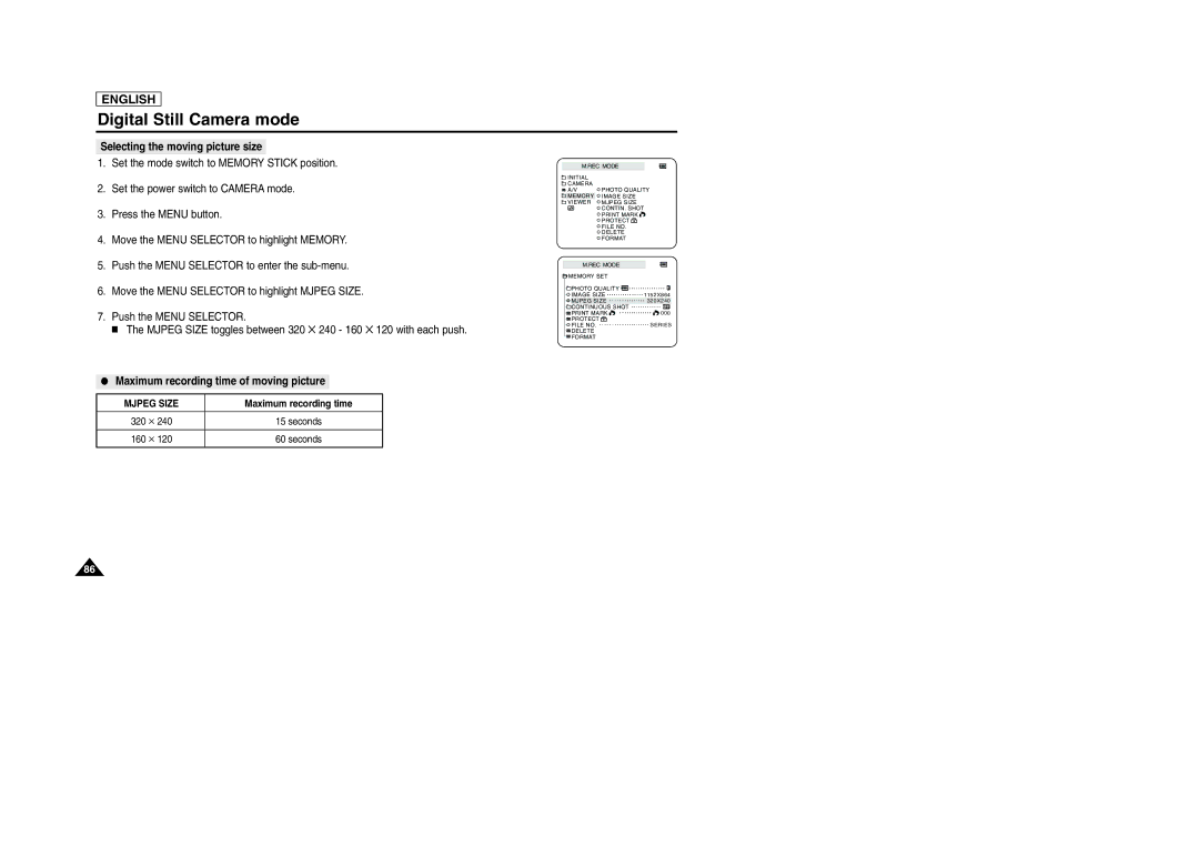 Samsung SCD903 manual Selecting the moving picture size, Maximum recording time of moving picture 