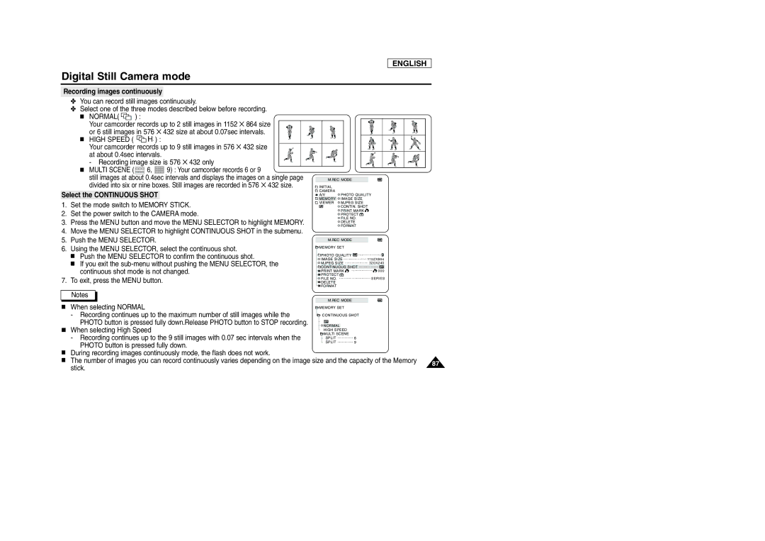 Samsung SCD903 manual Recording images continuously, Select the Continuous Shot 