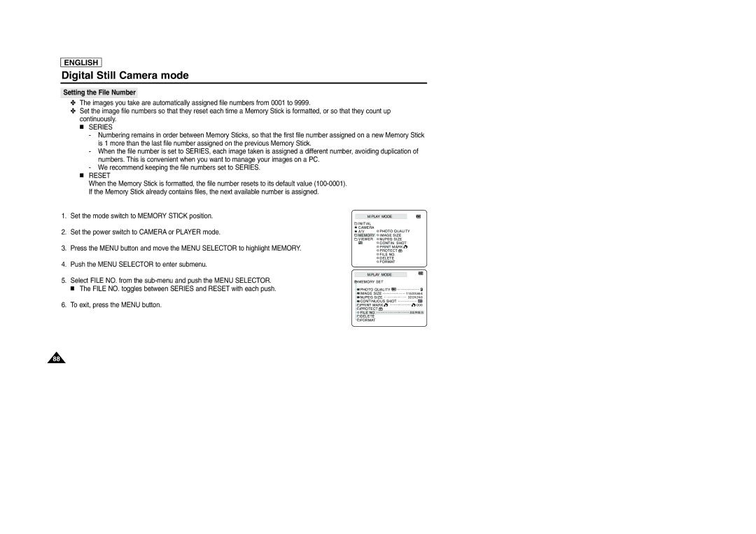 Samsung SCD903 manual Setting the File Number, Series 