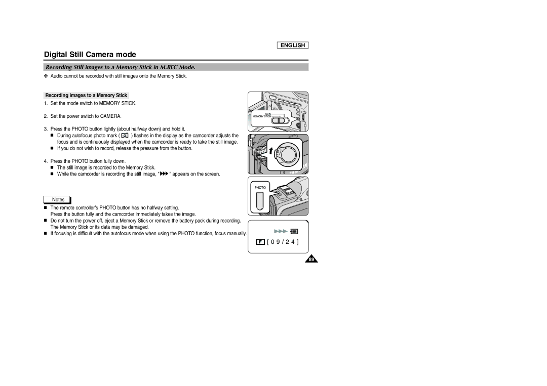 Samsung SCD903 manual Recording Still images to a Memory Stick in M.REC Mode, Recording images to a Memory Stick 