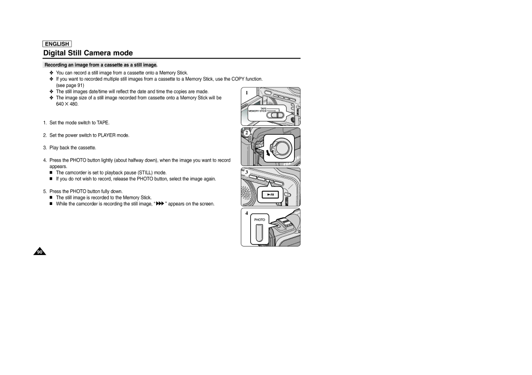 Samsung SCD903 manual Recording an image from a cassette as a still image 