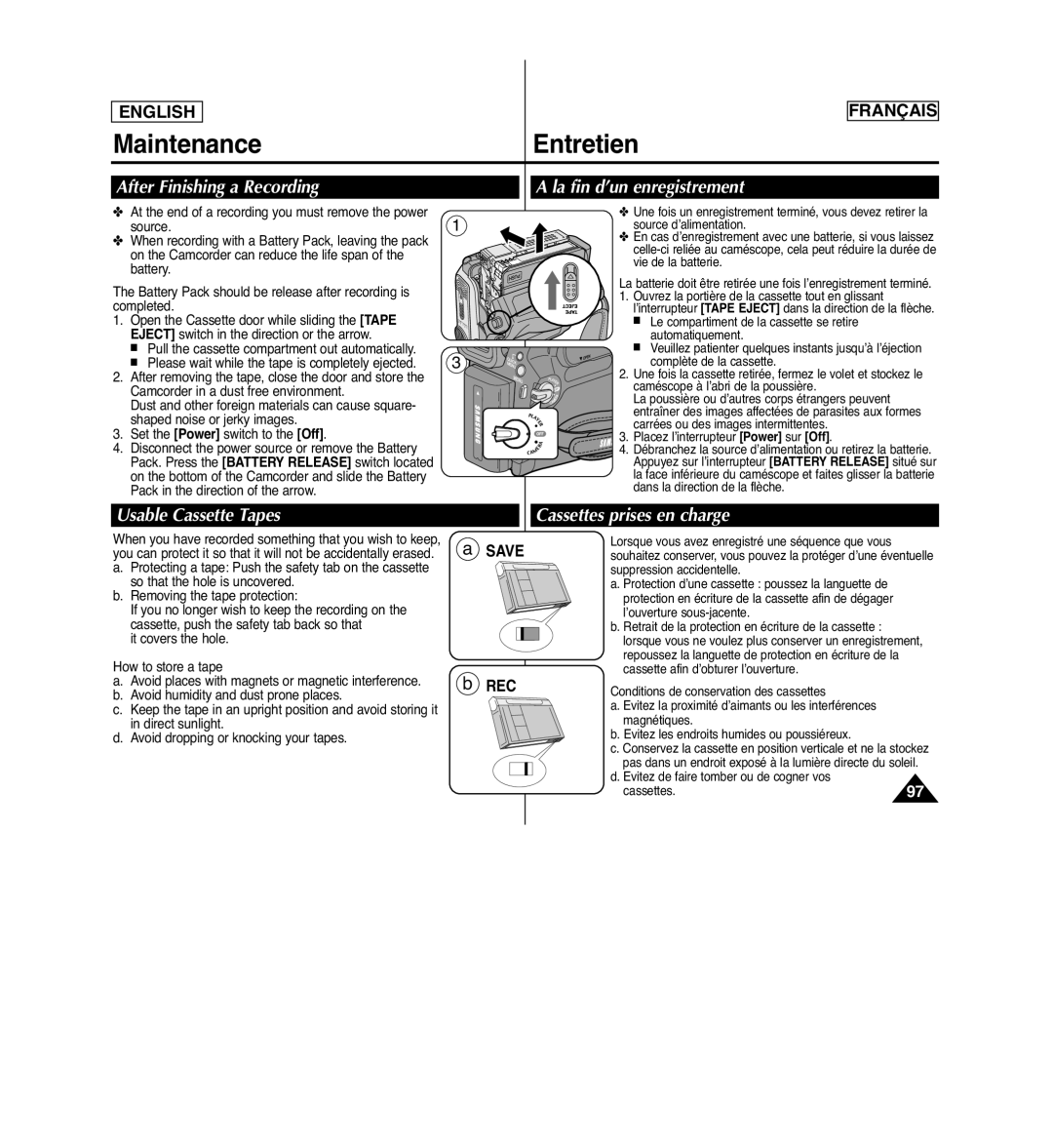 Samsung SCD963 Maintenance, Entretien, La fin d’un enregistrement, Usable Cassette Tapes, Cassettes prises en charge 