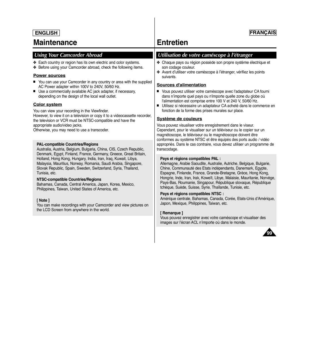 Samsung SCD963 manuel dutilisation Using Your Camcorder Abroad, Utilisation de votre caméscope à l’étranger 