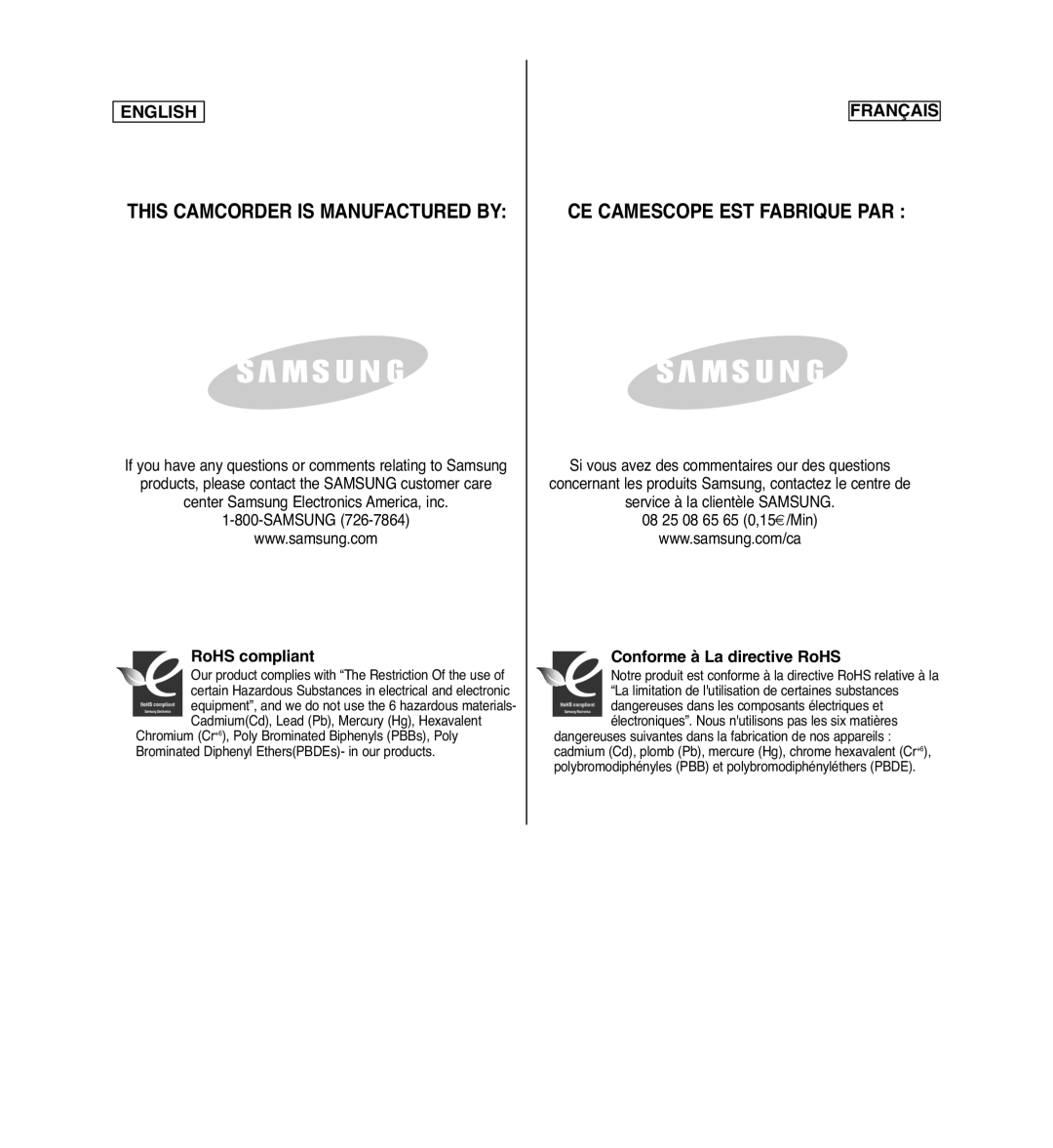 Samsung SCD963 manuel dutilisation RoHS compliant, Center Samsung Electronics America, inc 