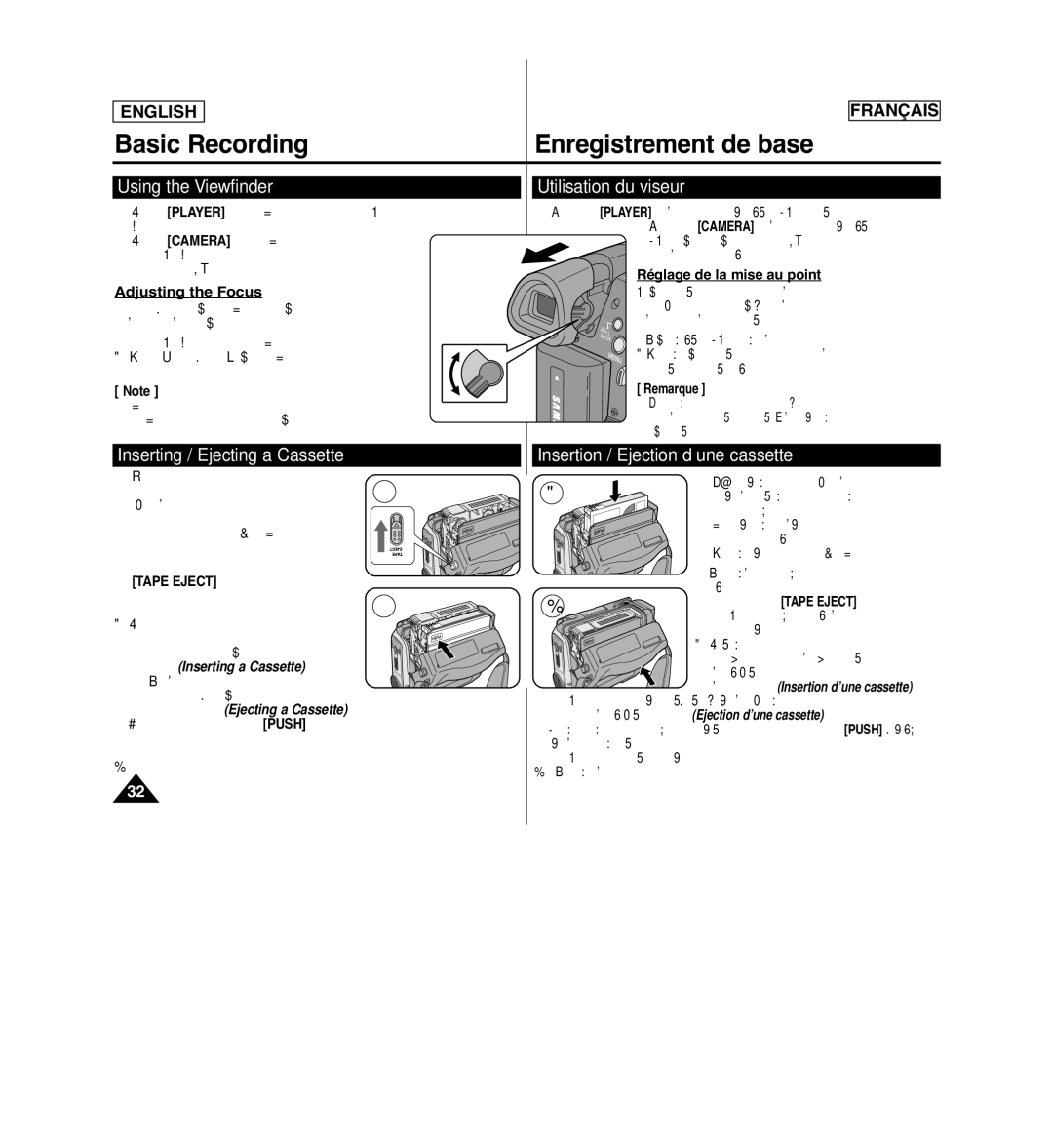 Samsung SCD963 Enregistrement de base, Utilisation du viseur, Inserting / Ejecting a Cassette, Using the Viewfinder 