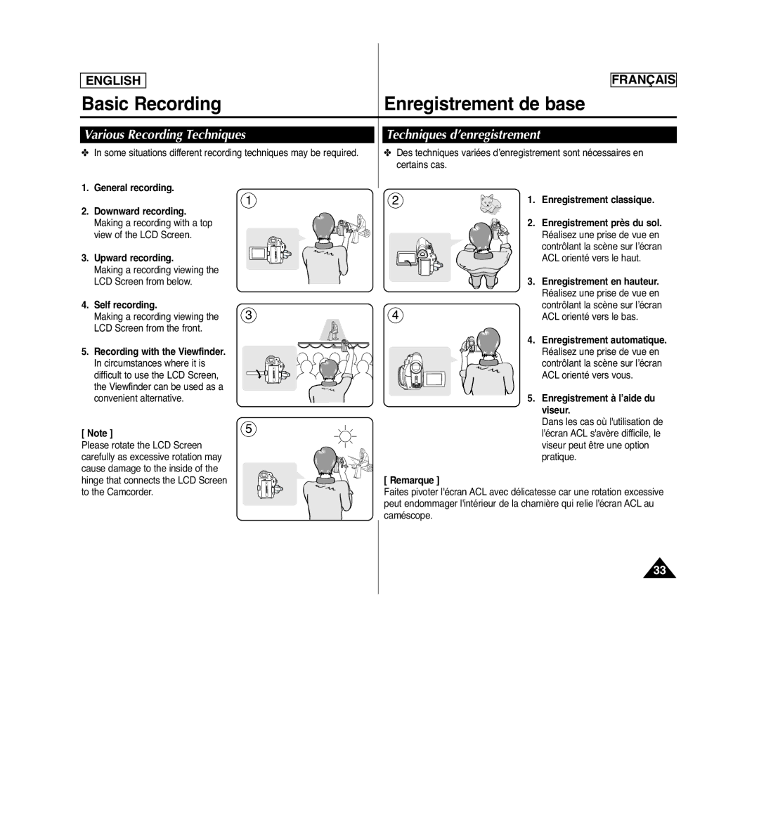 Samsung SCD963 Basic Recording Enregistrement de base, Various Recording Techniques, Techniques d’enregistrement 