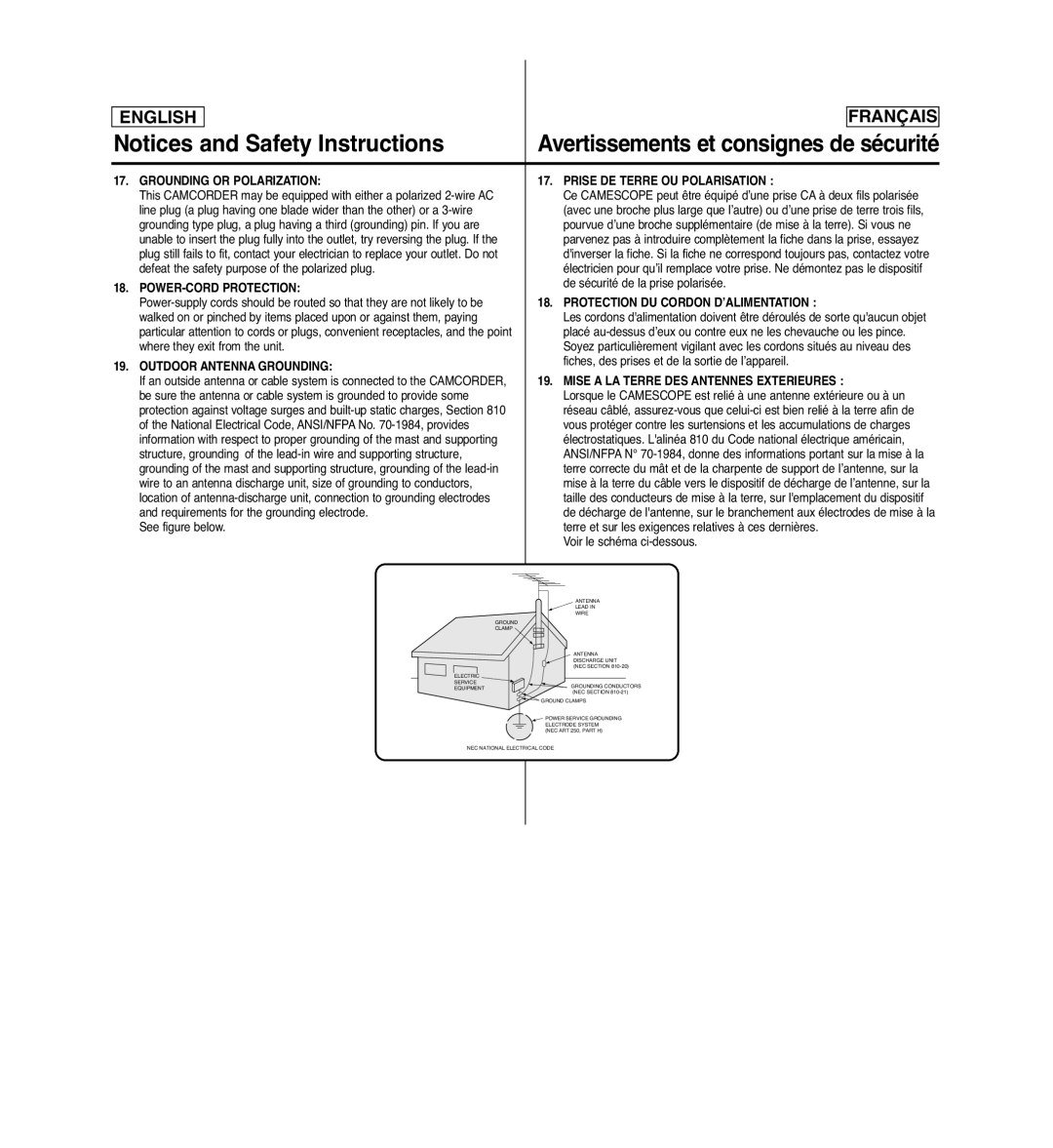 Samsung SCD963 Grounding or Polarization, POWER-CORD Protection, Outdoor Antenna Grounding, Prise DE Terre OU Polarisation 