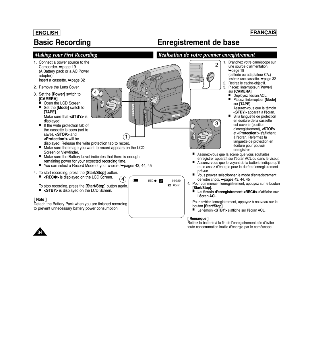 Samsung SCD963 manuel dutilisation Making your First Recording, Réalisation de votre premier enregistrement, Camera, Tape 