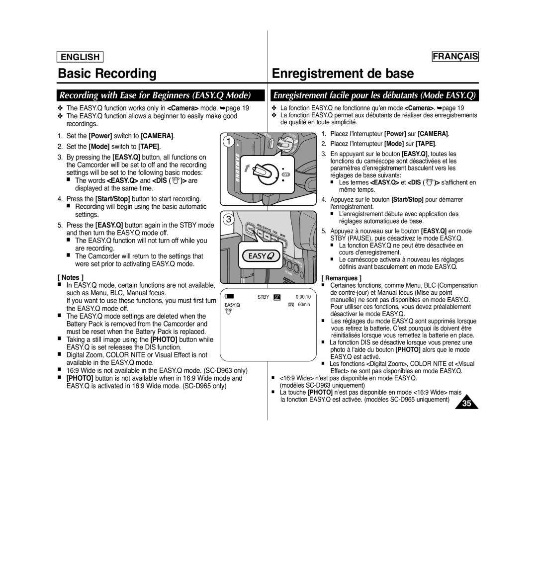 Samsung SCD963 Recording with Ease for Beginners EASY.Q Mode, Enregistrement facile pour les débutants Mode EASY.Q 