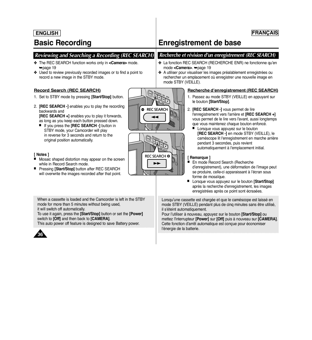 Samsung SCD963 Reviewing and Searching a Recording REC Search, Recherche et révision d’un enregistrement REC Search 