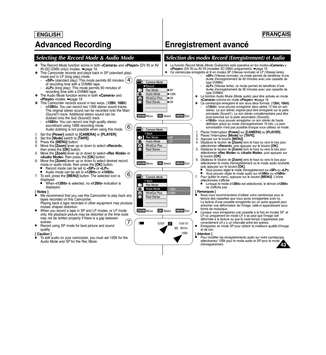 Samsung SCD963 Advanced Recording Enregistrement avancé, Selecting the Record Mode & Audio Mode, Remarques 