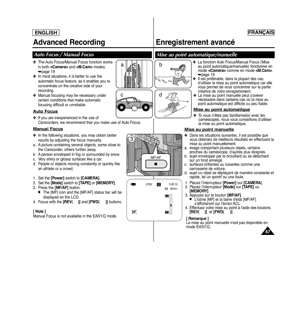 Samsung SCD963 manuel dutilisation Auto Focus / Manual Focus, Mise au point manuelle, Mise au point automatique 