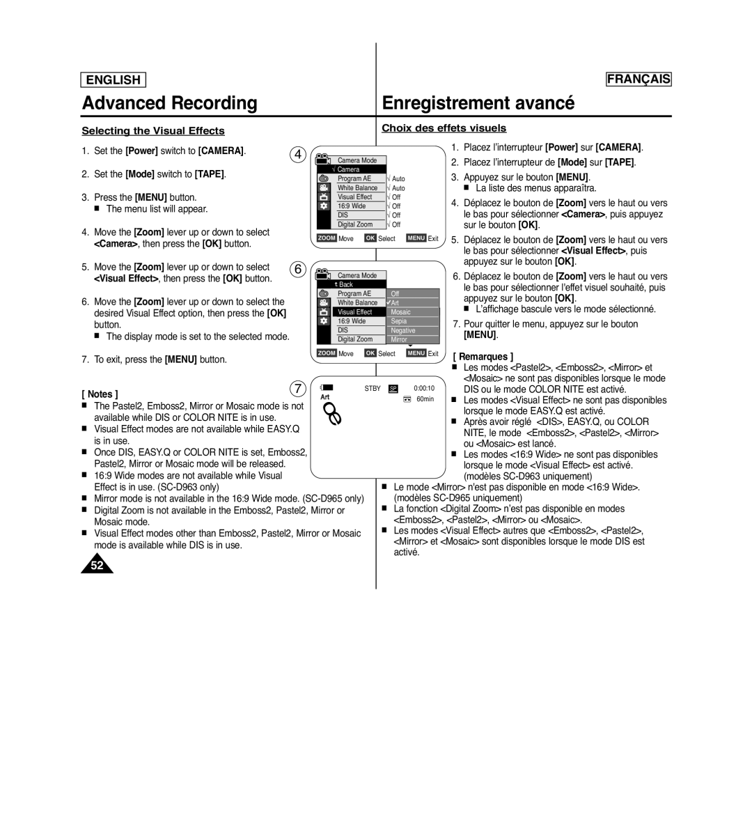 Samsung SCD963 manuel dutilisation Selecting the Visual Effects Choix des effets visuels 