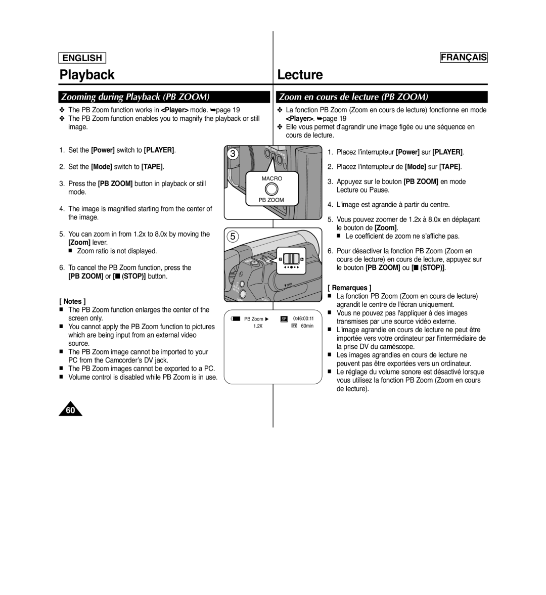 Samsung SCD963 Zooming during Playback PB Zoom, Zoom en cours de lecture PB Zoom, Appuyez sur le bouton PB Zoom en mode 