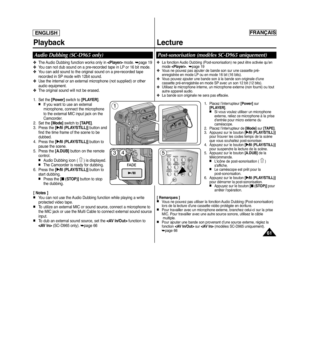 Samsung SCD963 manuel dutilisation Audio Dubbing SC-D965 only, Post-sonorisation modèles SC-D965 uniquement 