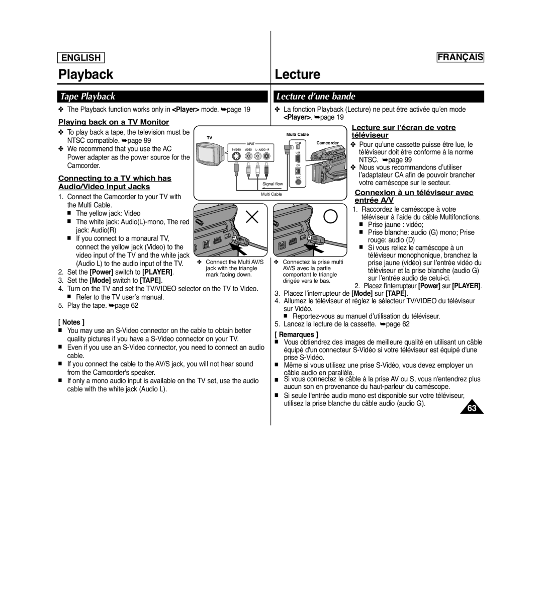 Samsung SCD963 manuel dutilisation Tape Playback Lecture d’une bande 