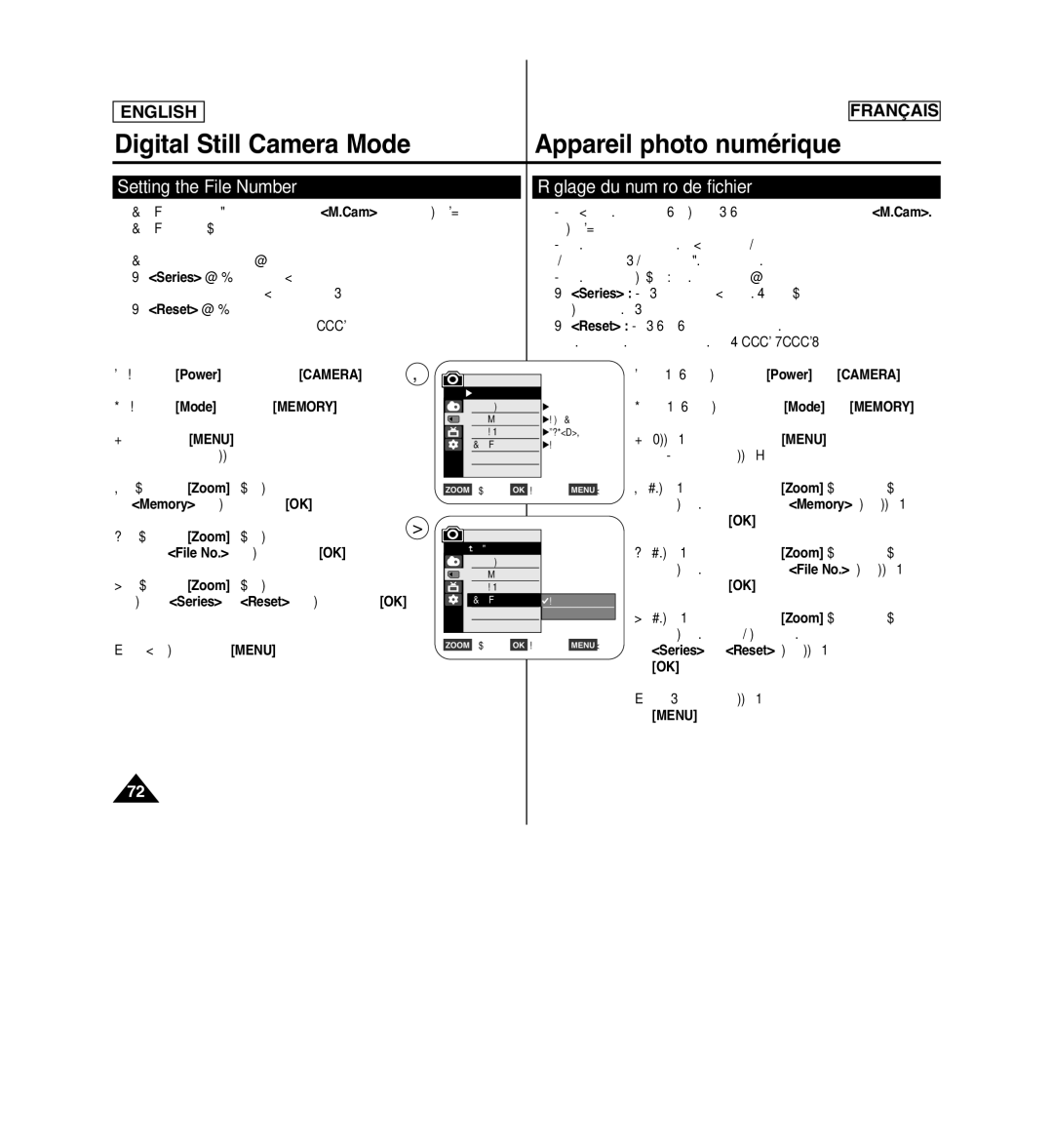 Samsung SCD963 manuel dutilisation Setting the File Number, Réglage du numéro de fichier, Set the Mode switch to Memory 