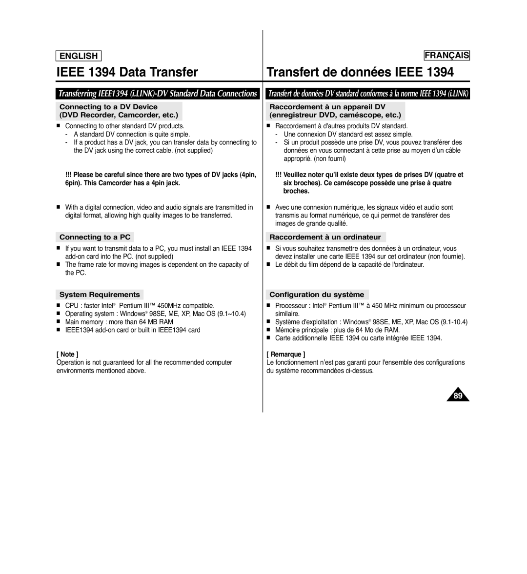 Samsung SCD963 manuel dutilisation Ieee 1394 Data Transfer Transfert de données Ieee 