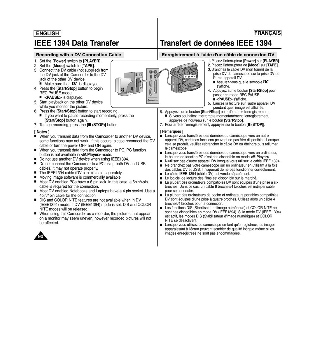 Samsung SCD963 manuel dutilisation Ieee 1394 Data Transfer, Recording with a DV Connection Cable 