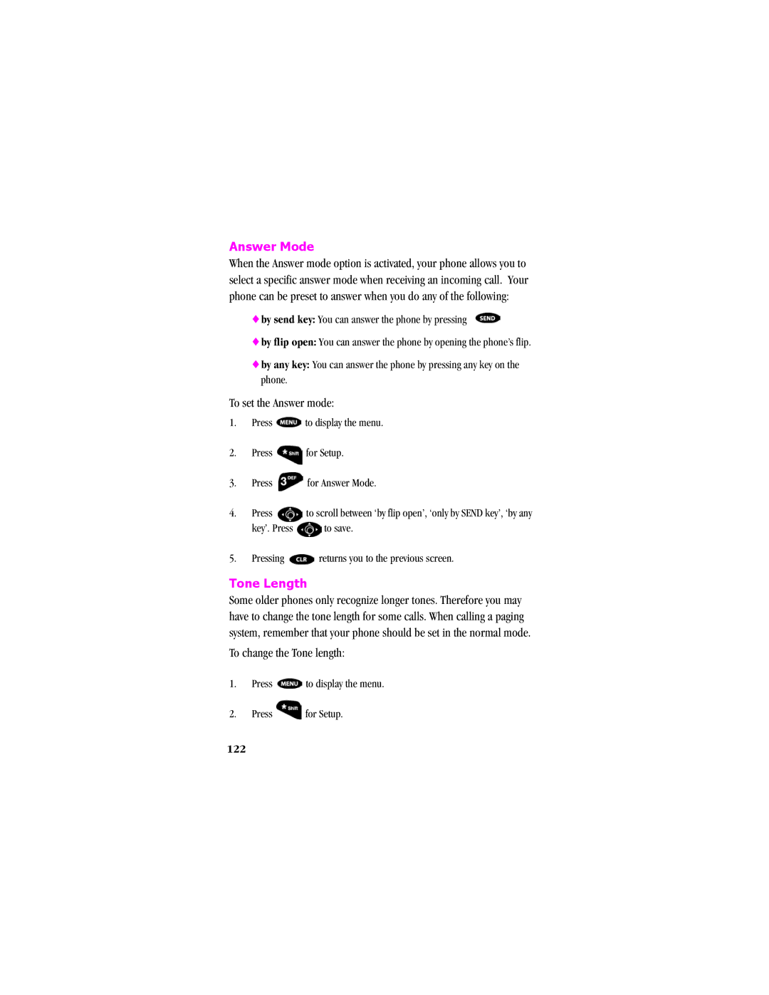 Samsung SCH - T300 manual Answer Mode, To set the Answer mode, Tone Length, To change the Tone length, 122 