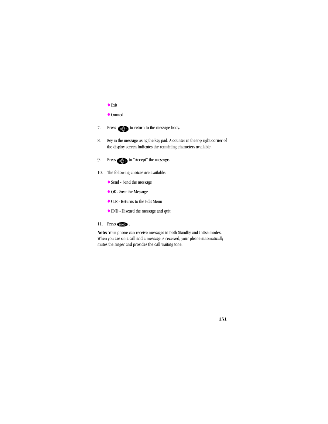 Samsung SCH - T300 manual Exit Canned Press to return to the message body, 131 