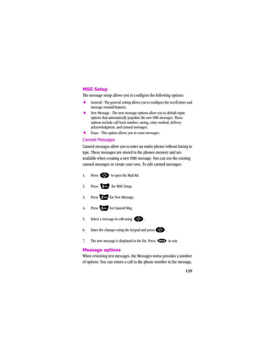 Samsung SCH - T300 manual MSG Setup, Message setup allows you to configure the following options, Message options, 139 