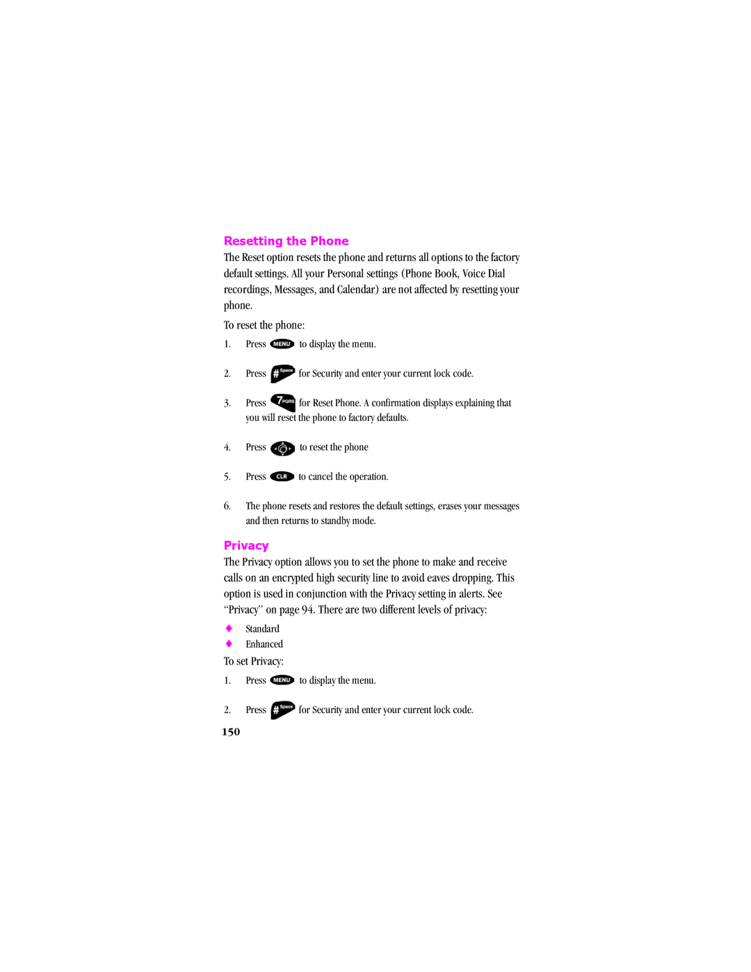 Samsung SCH - T300 manual Resetting the Phone, To set Privacy, 150 