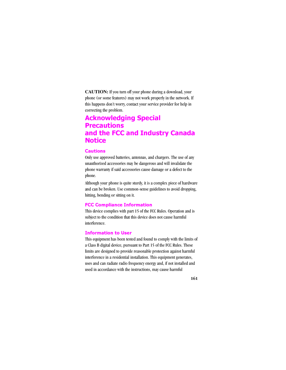 Samsung SCH - T300 manual Acknowledging Special Precautions FCC and Industry Canada, FCC Compliance Information, 161 