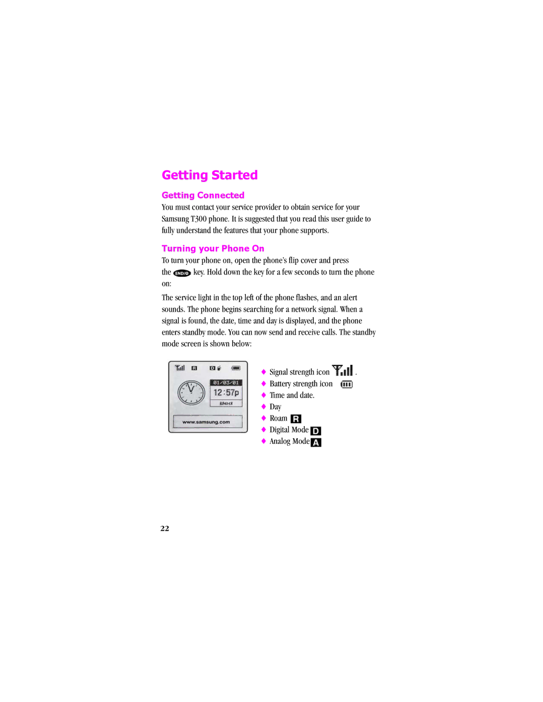 Samsung SCH - T300 manual Getting Started, Getting Connected, Turning your Phone On, Roam Digital Mode Analog Mode 