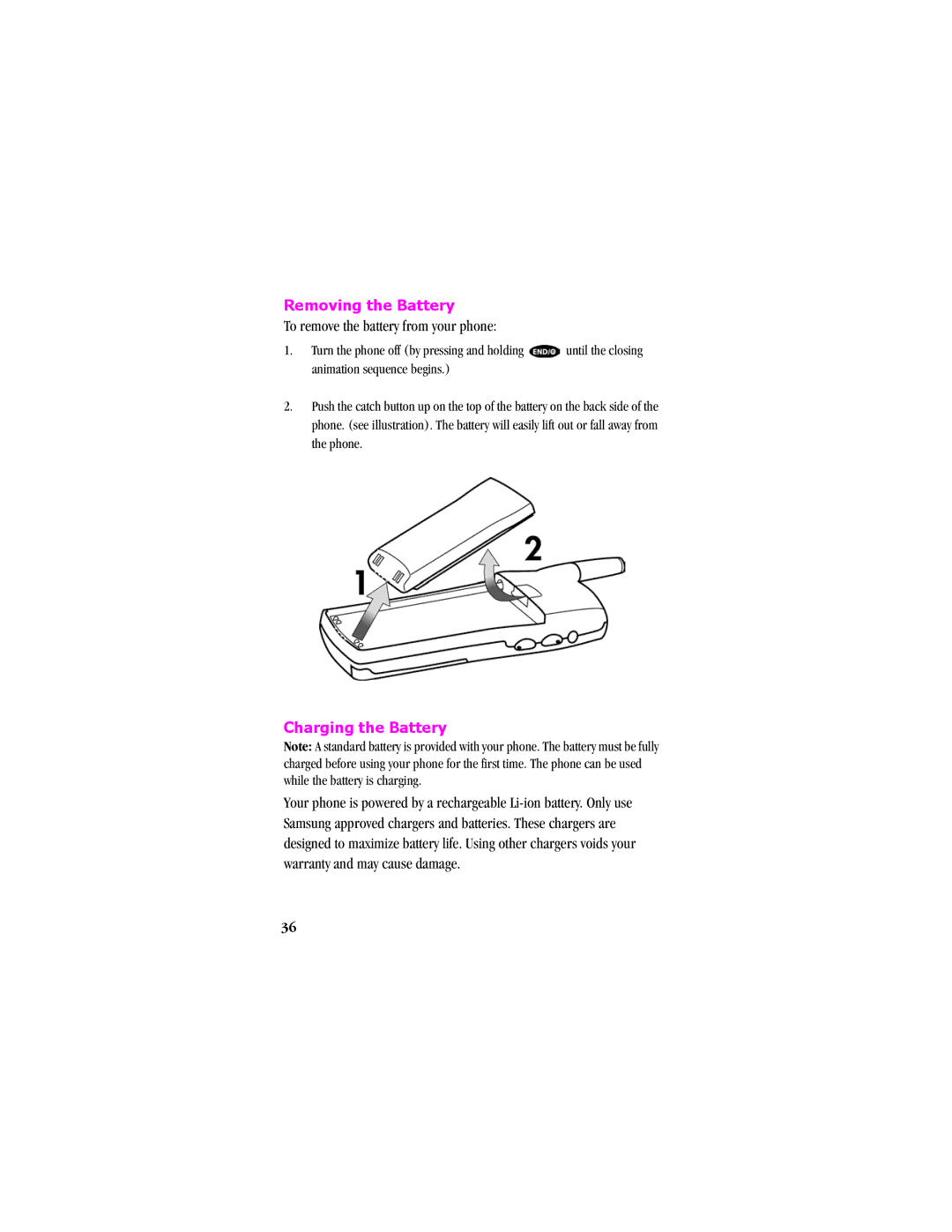 Samsung SCH - T300 manual Removing the Battery, To remove the battery from your phone, Charging the Battery 