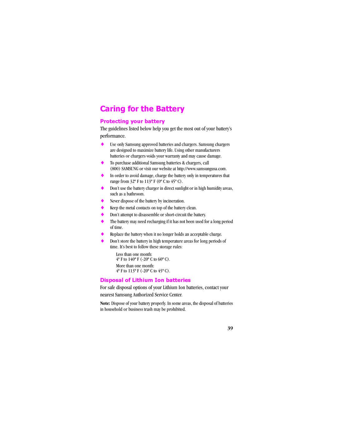 Samsung SCH - T300 manual Caring for the Battery, Protecting your battery, Disposal of Lithium Ion batteries 