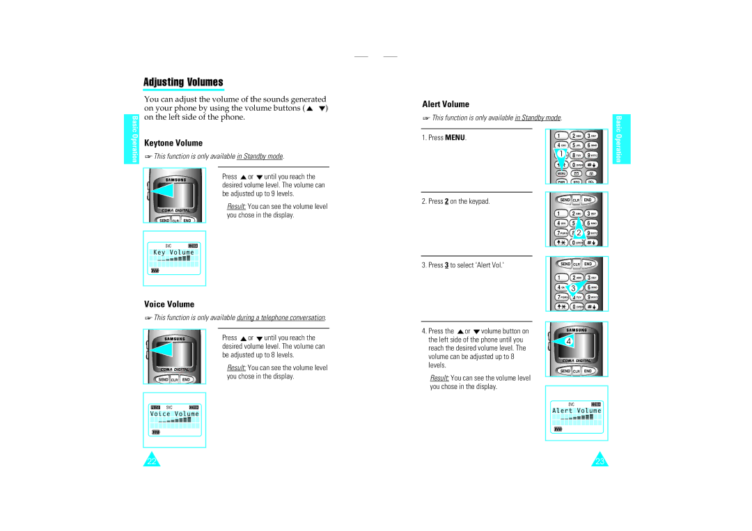 Samsung SCH-110SMOHFK manual Adjusting Volumes, Alert Volume, Voice Volume, Press Menu 
