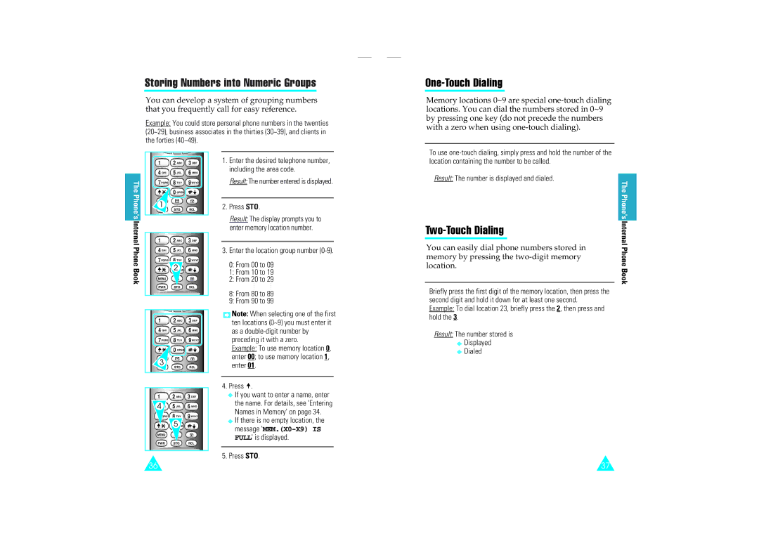 Samsung SCH-110SMOHFK manual Storing Numbers into Numeric Groups, One-Touch Dialing, Two-Touch Dialing 