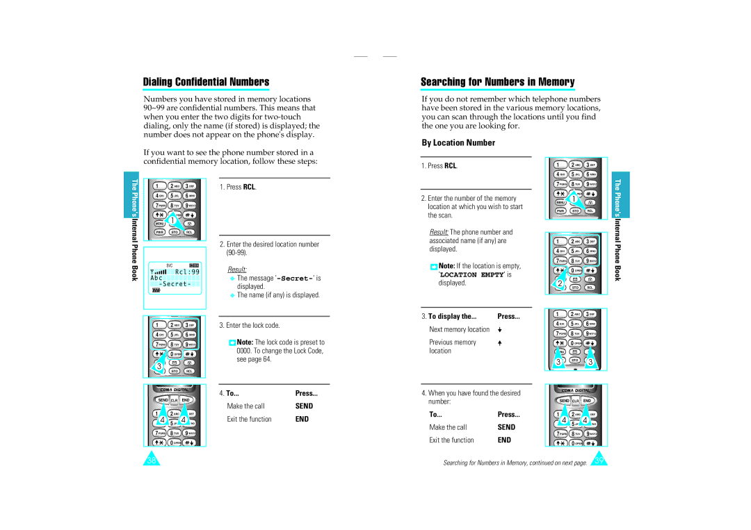 Samsung SCH-110SMOHFK manual Dialing Confidential Numbers, Searching for Numbers in Memory, By Location Number 