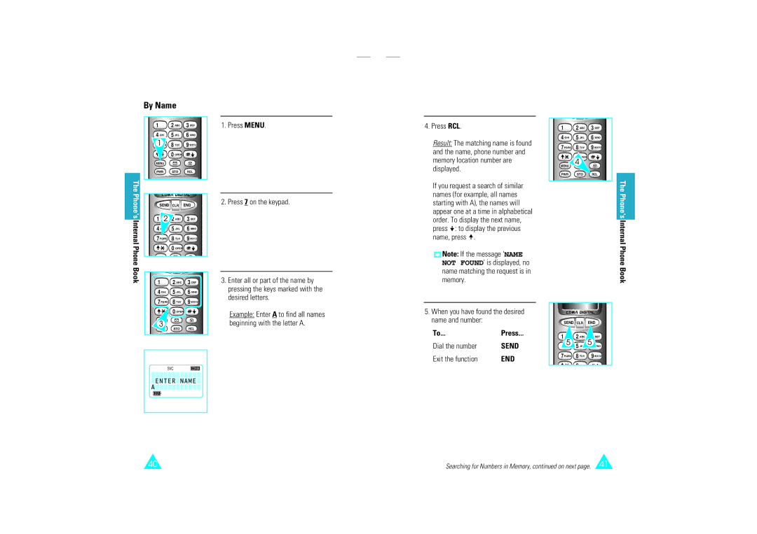 Samsung SCH-110SMOHFK manual By Name, When you have found the desired name and number, Dial the number, Exit the function 