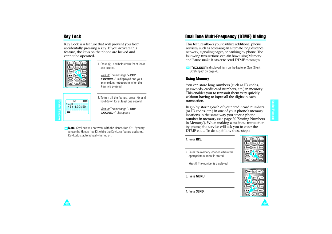 Samsung SCH-110SMOHFK manual Key Lock, Dual Tone Multi-Frequency Dtmf Dialing, Using Memory 
