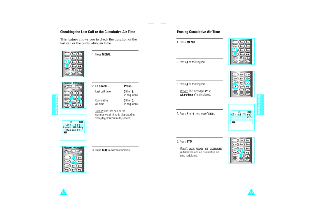 Samsung SCH-110SMOHFK manual Checking the Last Call or the Cumulative Air Time, Erasing Cumulative Air Time, To check Press 