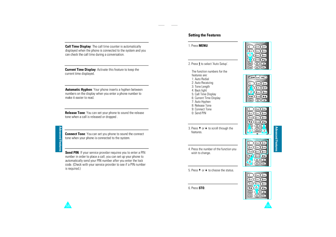 Samsung SCH-110SMOHFK manual Setting the Features, Call Time Display The call time counter is automatically 